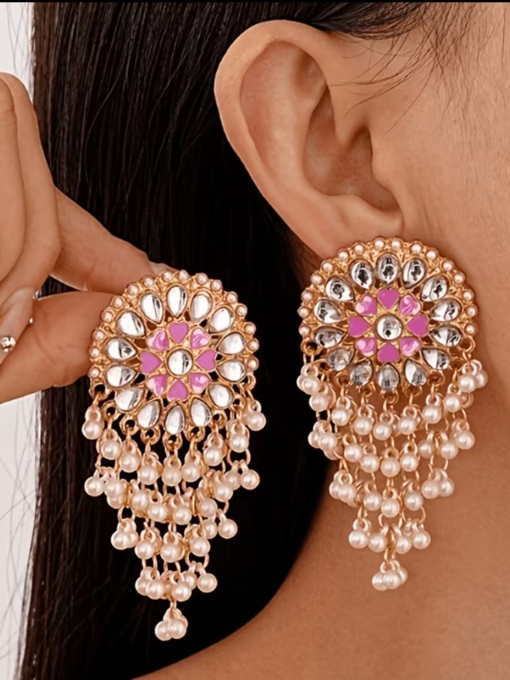Natasha gold tone green heart tear drop crystal pave circle pearl tassel earring
